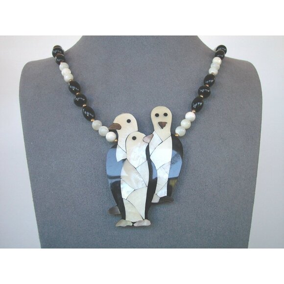 Lee Sands Penguin Trio Lucite Onyx and Mother of Pearl Necklace - Picture 1 of 4